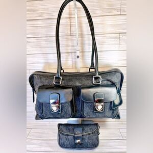 -020 Dooney &Bourke K6129452 Anniversary Signature Black Denim Satchel&Pouch Set
